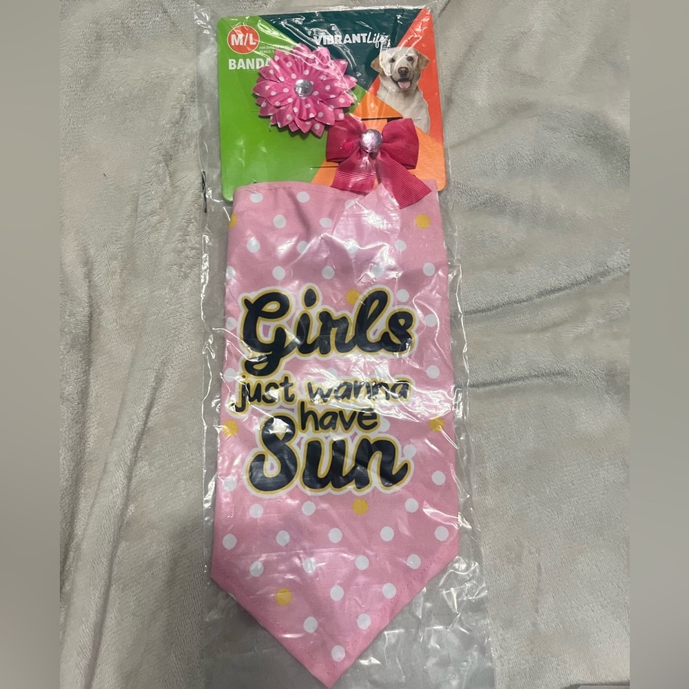 NEW: 3-pc Dog Bandana & Bows Set “Girls just wanna have Sun” accessories, Pink